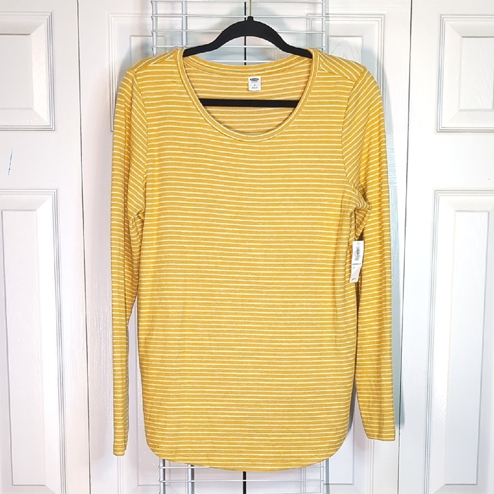 NWT Old Navy Large Yellow & White Stripe Plush Knit Crew Neck Long Sleeve Tee